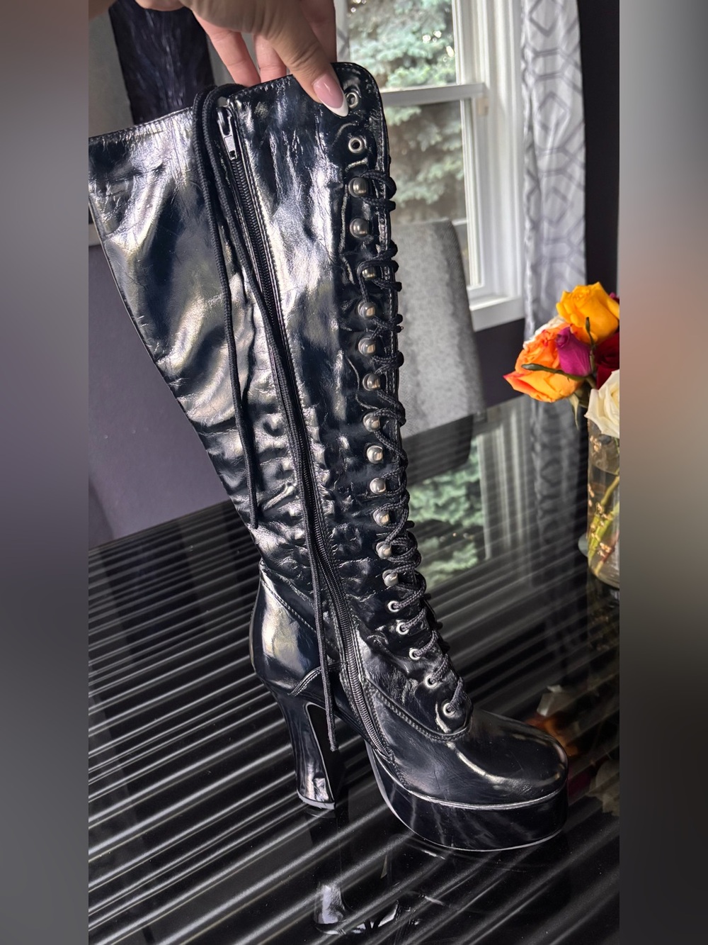 Black Lace-Up Platform Knee-High Boots - Picture 2 of 6